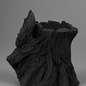 May include: A black, sculpted planter in the shape of a wolf's head. The planter has a textured surface, with detailed fur and facial features. The open top of the planter is visible, and the overall design is artistic and decorative.