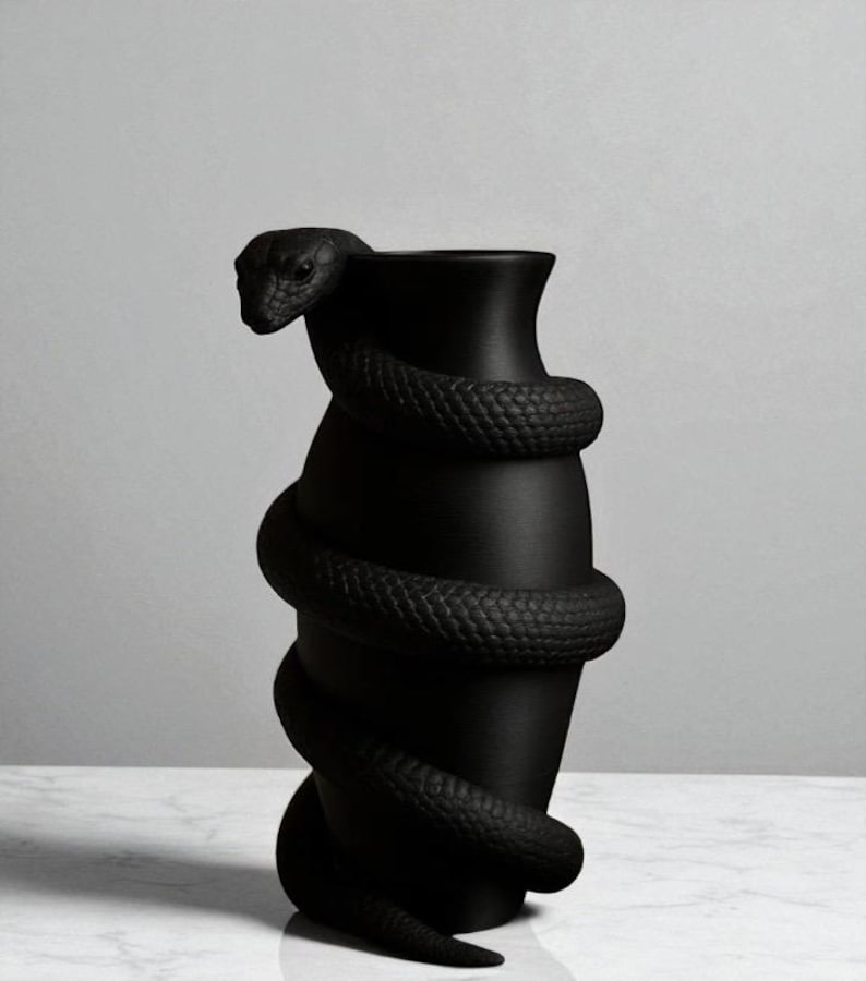 Puede incluir: Un jarr&oacute;n negro mate con un dise&ntilde;o de serpiente enrollada. La serpiente se enrolla alrededor del jarr&oacute;n, con la cabeza de la serpiente en la parte superior. El jarr&oacute;n tiene un cuerpo liso y cil&iacute;ndrico y una amplia abertura. La serpiente tiene escamas detalladas.