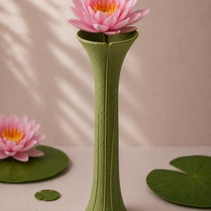May include: A green, textured vase holds a pink water lily with a yellow center. The vase has a tall, slender design. Additional lily pads and a water lily are in the background, creating a serene, nature-inspired scene.