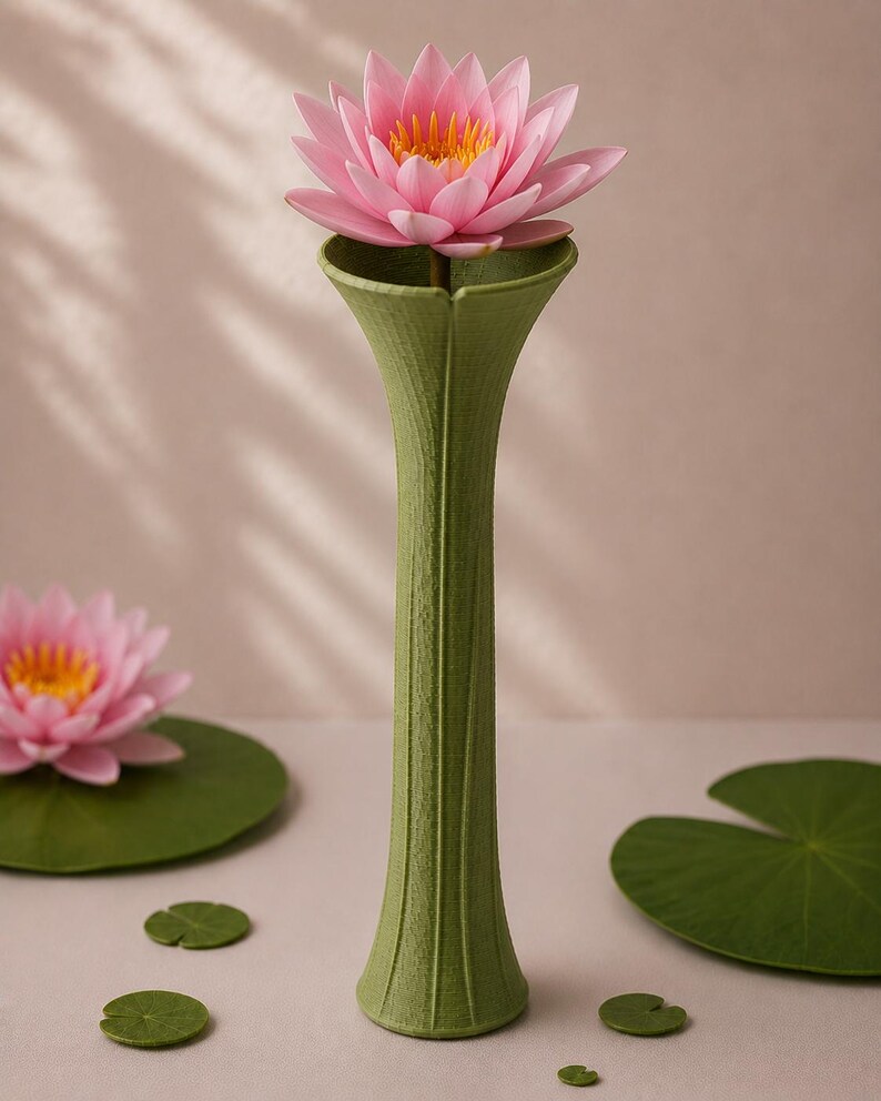 May include: A green, textured vase holds a pink water lily with a yellow center. The vase has a tall, slender design. Additional lily pads and a water lily are in the background, creating a serene, nature-inspired scene.