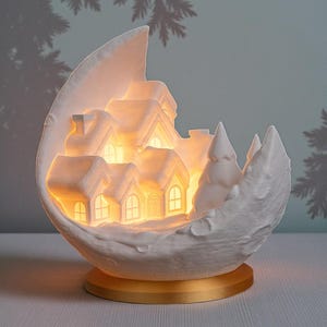 May include: A white ceramic Christmas village scene inside a crescent moon shape. The village features illuminated houses and trees, set on a gold-colored base. The background is a soft blue-green with a silhouette of a pine tree.