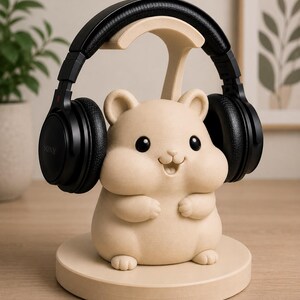 May include: A beige hamster-shaped headphone stand holding black headphones. The stand has a round base and a T-shaped support for the headphones. The headphones are black with the brand name "SONY" visible on the ear cup. The hamster has black eyes and a smiling expression.