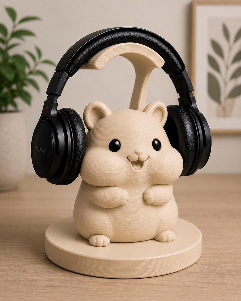 May include: A beige hamster-shaped headphone stand holding black headphones. The stand has a round base and a T-shaped support for the headphones. The headphones are black with the brand name "SONY" visible on the ear cup. The hamster has black eyes and a smiling expression.