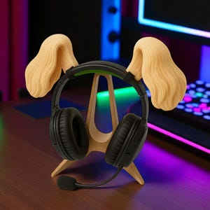May include: A black gaming headset with a microphone rests on a wooden stand shaped like a dog's head. The stand has two light-colored, ear-shaped accents. The background includes a computer monitor and keyboard.