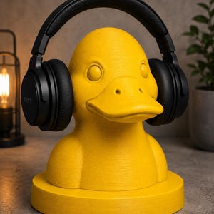 May include: A bright yellow duck-shaped headphone stand with a round base. Black headphones rest on the duck's head. The headphones are labeled with the brand "SONY". The stand is a decorative item for audio equipment.