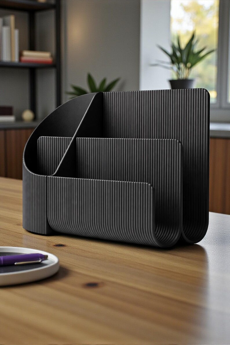 May include: Black desk organizer with a ribbed texture. The organizer has multiple compartments for storing office supplies. It is made of a solid, matte black material and sits on a wooden desk.