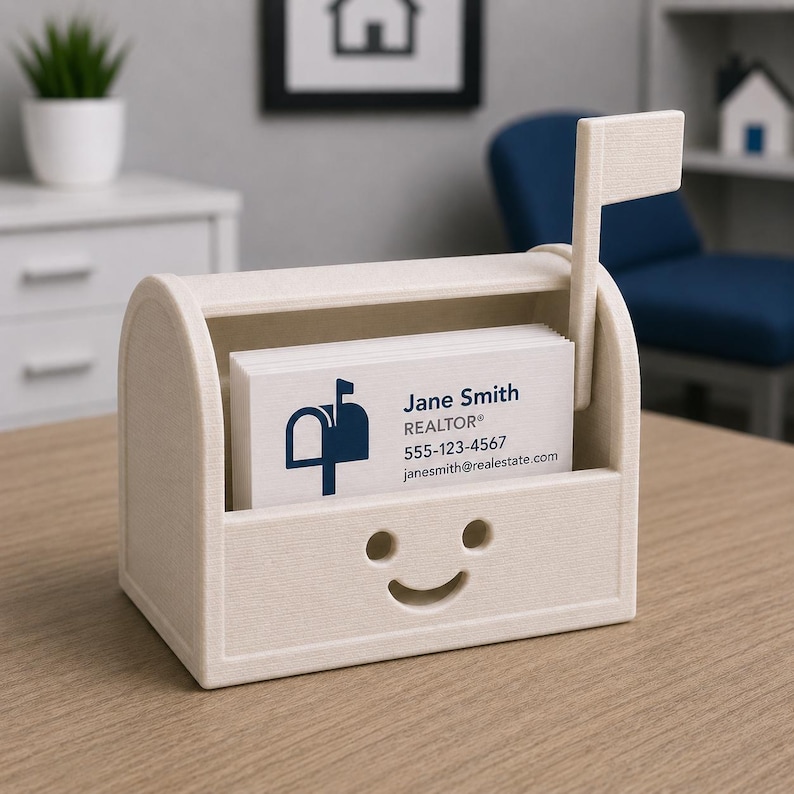 May include: A beige business card holder in the shape of a mailbox, featuring a smiling face design. It holds white business cards with "Jane Smith, REALTOR" and contact details. A small flag is attached to the side.
