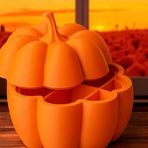 May include: An orange pumpkin-shaped container with a lid, featuring a stem and a segmented design. The container is open, revealing interior compartments. The background shows an orange and red sunset.