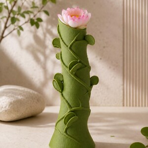 May include: A green ceramic vase with a bamboo-like design, featuring a pink and white lotus flower. The vase has a textured surface with leaf accents. The flower is in full bloom, adding a touch of natural beauty to the decorative piece.