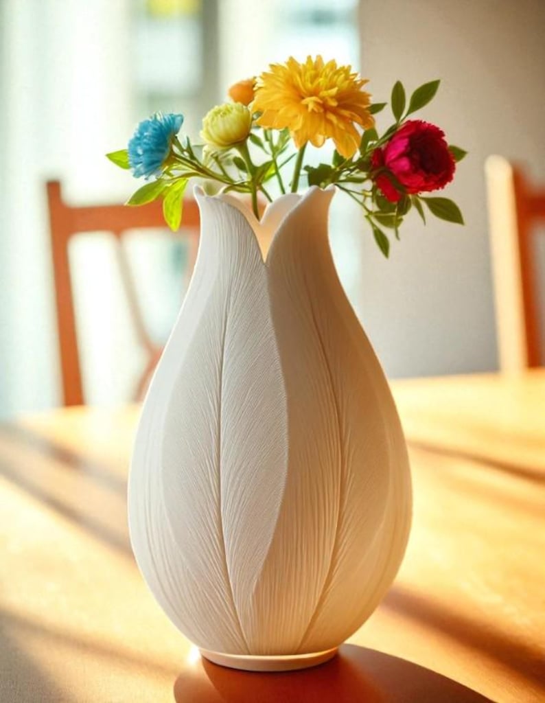May include: A white, textured vase with a tulip-like design, holding a vibrant bouquet of colorful flowers. The arrangement includes blue, yellow, and red blooms with green foliage. The vase sits on a wooden table.