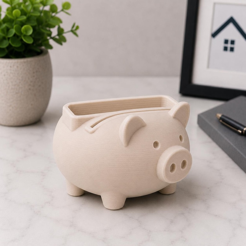 May include: A light beige piggy bank with a slot on top for inserting money. The bank has a rounded body, four small legs, and features like ears, eyes, and a snout. The bank is made of a textured material and is designed to look like a pig.