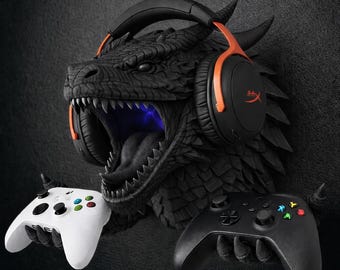 Ember Dragon RGB Gaming Wall Mount | Headphone & Controller Holder with LED Light