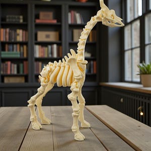 Op de afbeelding: Een cr&egrave;mekleurig girafskeletmodel staat op een houten tafel. Het model heeft een gedetailleerde botstructuur, inclusief de schedel, wervels, ribben en botten van de poten. De giraffe staat in een staande positie.
