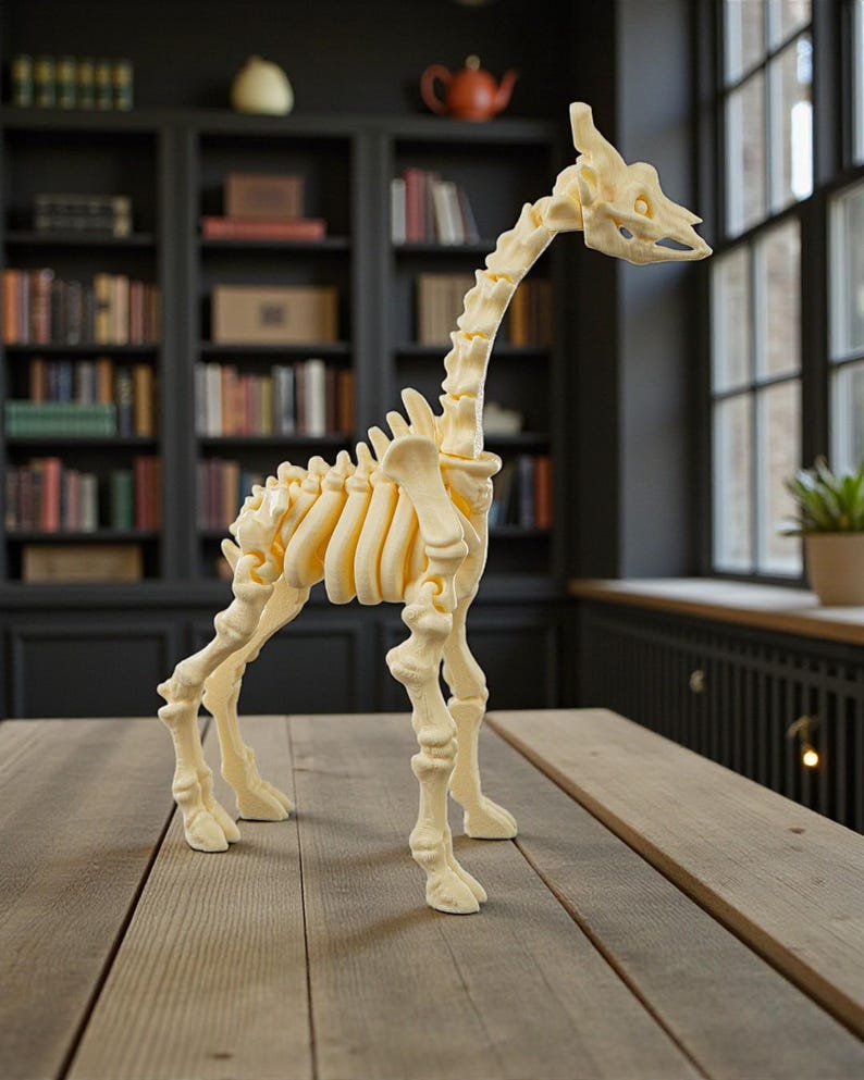 Op de afbeelding: Een cr&egrave;mekleurig girafskeletmodel staat op een houten tafel. Het model heeft een gedetailleerde botstructuur, inclusief de schedel, wervels, ribben en botten van de poten. De giraffe staat in een staande positie.