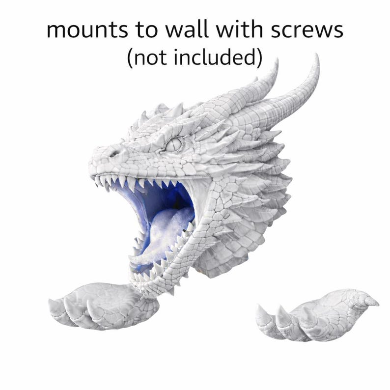 May include: A white dragon head wall mount with open mouth and sharp teeth. The dragon's mouth is blue, and the text "mounts to wall with screws (not included)" is above the dragon's head. Includes two dragon claws.