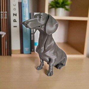 May include: A gray dachshund figurine, posed in a seated position. The dog statue is made of a smooth material and has detailed features. The figurine is displayed on a wooden surface, with books and a shelf in the background.