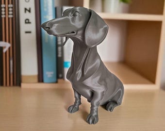 May include: A gray dachshund figurine, posed in a seated position. The dog statue is made of a smooth material and has detailed features. The figurine is displayed on a wooden surface, with books and a shelf in the background.