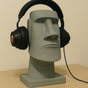 May include: A gray stone statue of a Moai head wearing black headphones. The headphones have gold accents on the earcups. The statue is on a square base, and a black cord extends from the headphones.