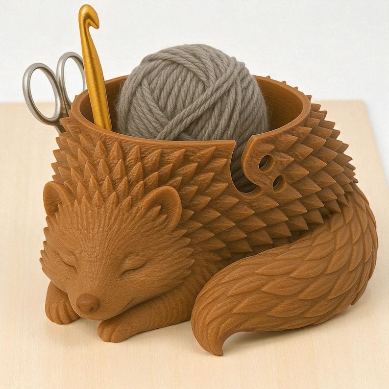 May include: A brown hedgehog-shaped yarn bowl with a ball of gray yarn inside. A gold crochet hook and silver scissors are placed in the bowl. The hedgehog is lying down with its eyes closed, and its body is covered in textured spikes.