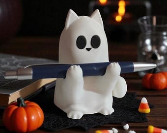 Kitty Ghost Pen Holder: Halloween Cat Desk Decor