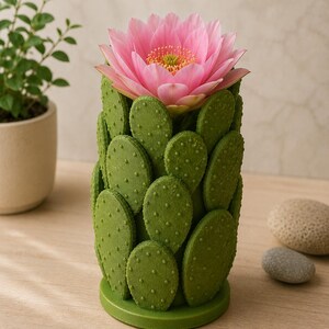 May include: A green cactus-shaped vase with a vibrant pink flower. The vase has a textured surface, resembling cactus pads. The flower has multiple layers of pink petals and a yellow center. The vase is on a wooden surface.