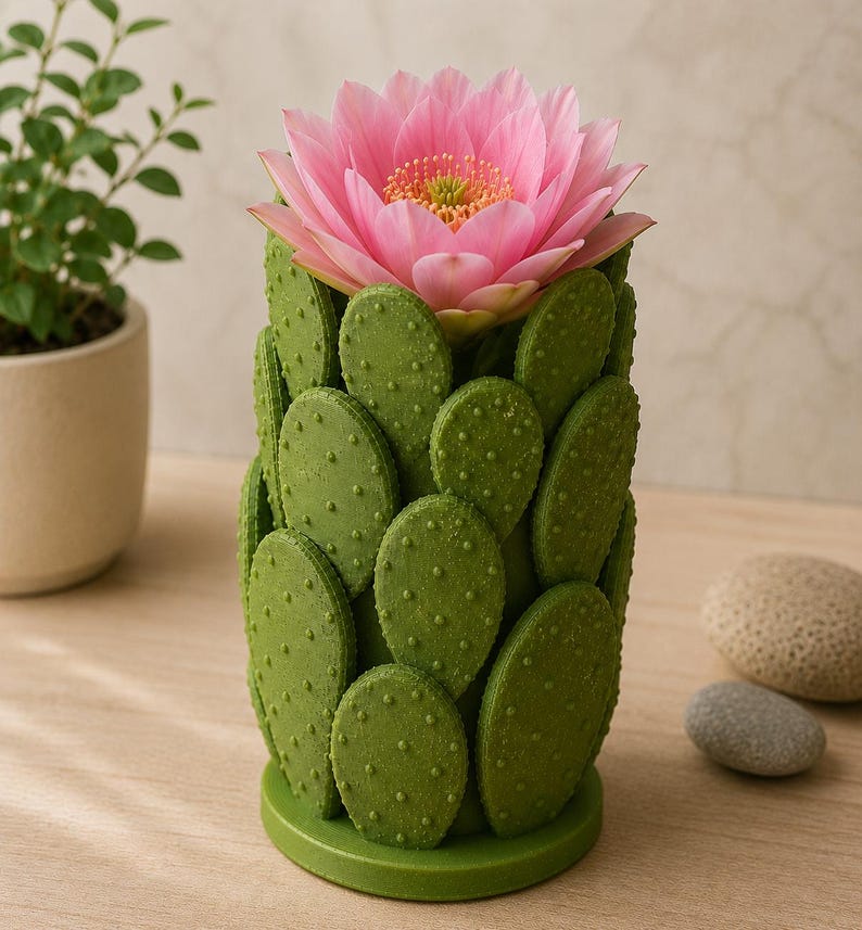 May include: A green cactus-shaped vase with a vibrant pink flower. The vase has a textured surface, resembling cactus pads. The flower has multiple layers of pink petals and a yellow center. The vase is on a wooden surface.