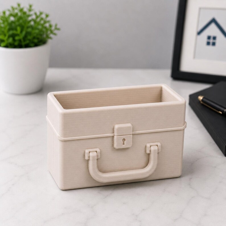May include: A beige rectangular storage box with a handle and keyhole detail. The box has a textured surface and a rectangular opening at the top. The design resembles a small suitcase or toolbox. A small potted plant and a framed picture are in the background.