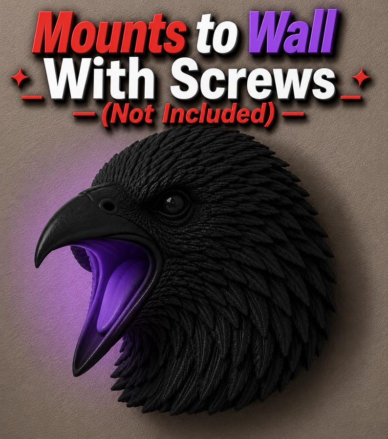 May include: A black raven head sculpture with an open beak, illuminated with purple light. The sculpture is designed to mount to a wall. The text "Mounts to Wall With Screws (Not Included)" is displayed above the raven.