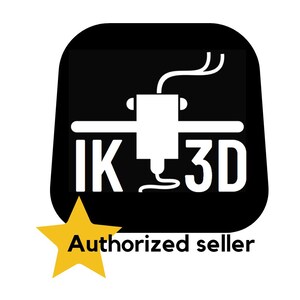 May include: Black and white logo with the text "IK 3D" and a 3D printer graphic. A yellow star with the words "Authorized seller" is at the bottom. The logo is on a black background.