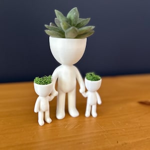 May include: A white, 3D-printed planter set featuring a parent figure holding hands with two smaller figures. The heads of the figures are open, filled with green plants. The large figure has a succulent in its head. The set is on a wooden surface.