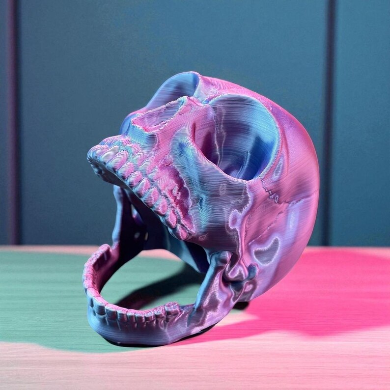 May include: A 3D-printed skull in shades of blue and pink, with the jaw open. The skull has visible ridges and details, and is lit with a pink and blue gradient. The overall effect is a modern, artistic representation of a human skull.