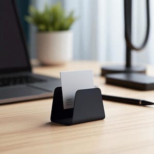 K&ouml;nnte beinhalten: Ein schwarzer Visitenkartenhalter aus Metall mit minimalistischem Design. Eine wei&szlig;e Visitenkarte ist im Halter platziert. Der Halter steht auf einer hellen Holzoberfl&auml;che, im Hintergrund ein Laptop und eine Topfpflanze.