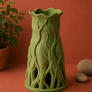 May include: A green, tree-trunk-inspired vase with a textured surface. The vase has a flared top and a round base. The design features intricate, raised patterns resembling tree branches and roots. The vase is approximately 8 inches tall.
