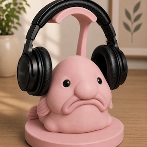 May include: A pink blobfish-shaped headphone stand with black headphones resting on it. The stand has a round base and a support for the headphones. The headphones are black with the brand name "SONY" visible on the ear cup.