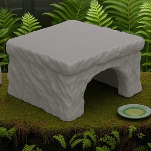 May include: A light gray, stone-like pet habitat with a rectangular top and an arched opening. The textured surface resembles carved stone. A small, round, green dish sits nearby. The habitat is on a bed of green moss.