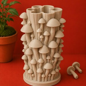 K&ouml;nnte beinhalten: Eine beige Vase mit Pilz-Motiv und strukturierter Oberfl&auml;che. Die Vase ist mit Pilzkappen und -stielen in verschiedenen Gr&ouml;&szlig;en bedeckt. Zwei zus&auml;tzliche pilzf&ouml;rmige Objekte befinden sich neben der Vase. Die Vase steht auf einer roten Oberfl&auml;che.