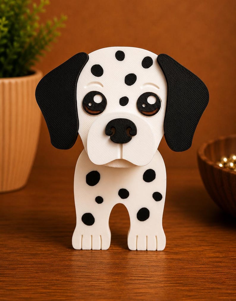 K&ouml;nnte beinhalten: Eine wei&szlig;-schwarz gefleckte Dalmatiner-Hundefigur. Der Hund hat gro&szlig;e, ausdrucksstarke Augen, schwarze Ohren und eine schwarze Nase. Die Figur steht auf einer Holzoberfl&auml;che.