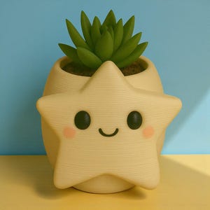 Puede incluir: Una maceta en forma de estrella con una cara sonriente, ojos negros y mejillas rosadas. La maceta de color beige claro contiene una planta suculenta verde. El fondo es un degradado de azul y amarillo.