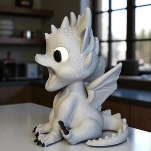 May include: A white dragon figurine with large, expressive eyes and an open mouth. The dragon has detailed scales, wings, and black claws. It is sitting on a white surface, with a blurred background.