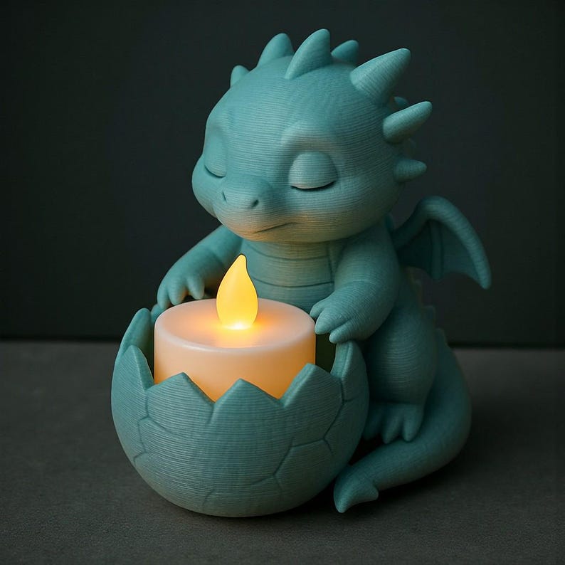 Puede incluir: Figura de drag&oacute;n turquesa sosteniendo una vela en una c&aacute;scara de huevo. El drag&oacute;n tiene los ojos cerrados, peque&ntilde;os cuernos y alas. La vela tiene una llama amarilla parpadeante. Art&iacute;culo decorativo.