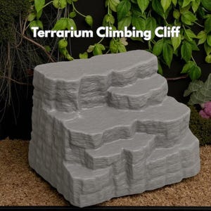 Op de afbeelding: Een grijze terrarium klimrots met een gelaagd ontwerp. Het product heeft een textuur en is ontworpen om een natuurlijke rotsformatie na te bootsen. De tekst "Terrarium Climbing Cliff" wordt in het wit weergegeven.