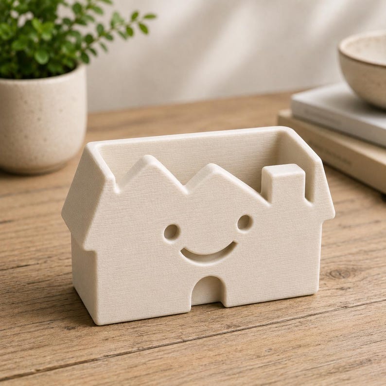 May include: A beige ceramic house-shaped desk organizer with a smiling face. The organizer has a rectangular opening for storage and a chimney detail. The house is sitting on a wooden surface.