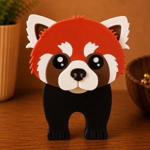 May include: A whimsical red panda figurine with a detailed design. The figurine features a red head with white and brown accents, large black eyes, and a black body. It is standing on a wooden surface.