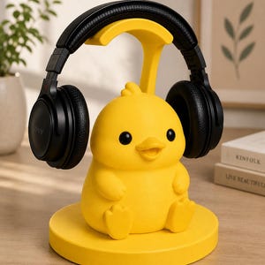 May include: A yellow duck-shaped headphone stand with black headphones resting on top. The stand is a bright yellow color and features a cute duck design with black eyes and a beak. The headphones are black with the brand name "SONY" visible.
