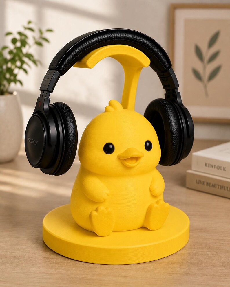 May include: A yellow duck-shaped headphone stand with black headphones resting on top. The stand is a bright yellow color and features a cute duck design with black eyes and a beak. The headphones are black with the brand name "SONY" visible.