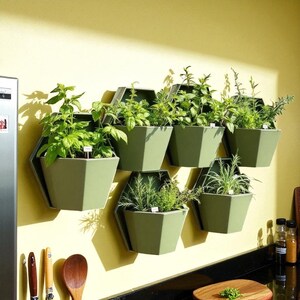 May include: A wall-mounted herb garden featuring six olive green hexagonal planters. Each planter holds various green herbs, creating a vibrant display against a yellow wall. The planters are arranged in a staggered pattern.