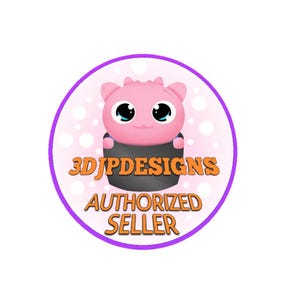 May include: A round sticker with a pink cartoon creature with large eyes and a black outfit. The sticker has the text "3DJP DESIGNS AUTHORIZED SELLER" in orange and white, surrounded by a purple border.