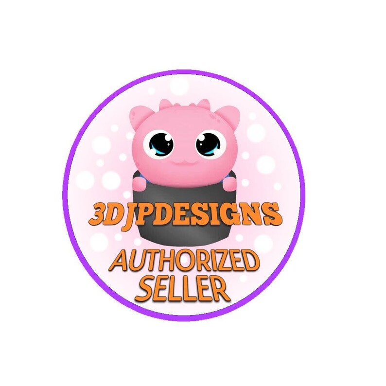 May include: A round sticker with a pink cartoon creature with large eyes and a black outfit. The sticker has the text "3DJP DESIGNS AUTHORIZED SELLER" in orange and white, surrounded by a purple border.