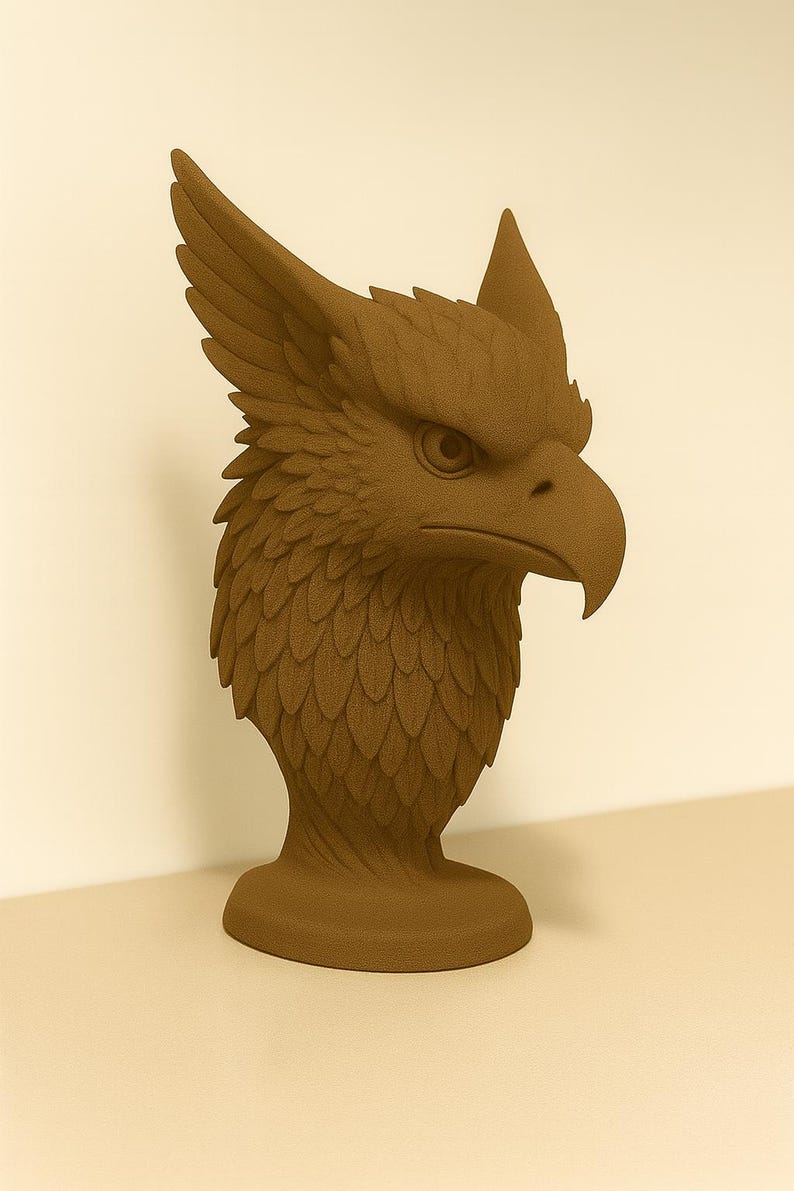 May include: A detailed brown sculpture of a griffin's head. The mythical creature has a sharp beak, intense gaze, and feathered details. The sculpture is mounted on a pedestal, showcasing the griffin's head and neck.