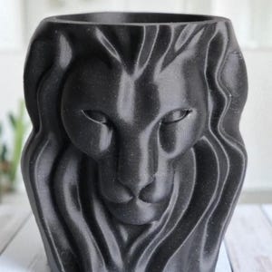 May include: A black, 3D-printed planter shaped like a lion's head. The planter features detailed facial features, including eyes, a nose, and a mane. The planter is designed to hold small plants or flowers and is approximately 15 cm tall.